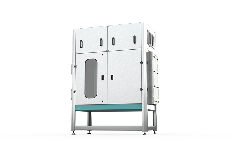 Isolated render of the Hyroic double dryer blower enclosure showing stainless steel cabinet panels, inspection window, ventilated side panel, and raised support frame