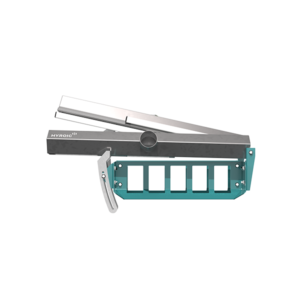 Hyroic side dryer module shown from the side, featuring stainless steel air knife housings, angled airflow design, and a teal conveyor-mounted support frame.
