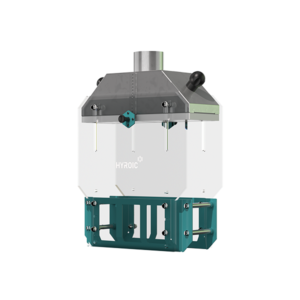 Three-quarter view of the Hyroic top dryer showing compact stainless steel construction, clear protective panels, airflow outlets, and modular conveyor mounting frame.