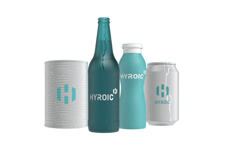 Selection of Hyroic-branded containers including a food can, glass bottle, PET bottle, and beverage can, shown with surface moisture to represent pre-drying conditions.