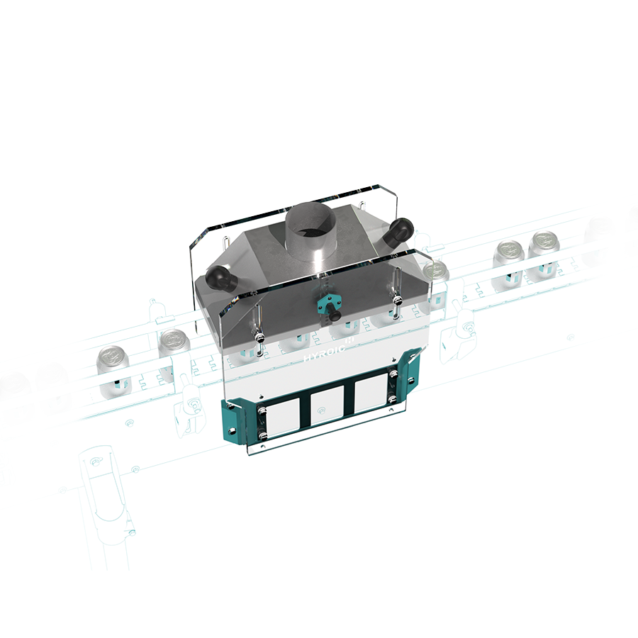 Hyroic top drying unit mounted to a conveyor, for removing moisture on beverage cans